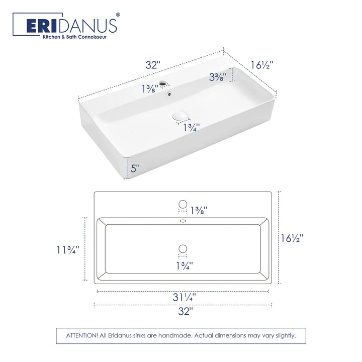 32-inch white rectangular ceramic vessel sink dimensions
