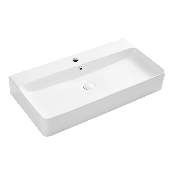 White rectangular ceramic vessel sink with faucet hole