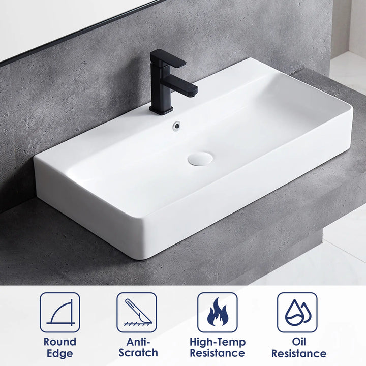 White ceramic sink, black faucet, scratch and heat resistant