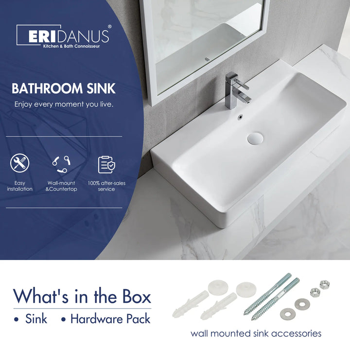 White bathroom sink with wall-mount installation hardware