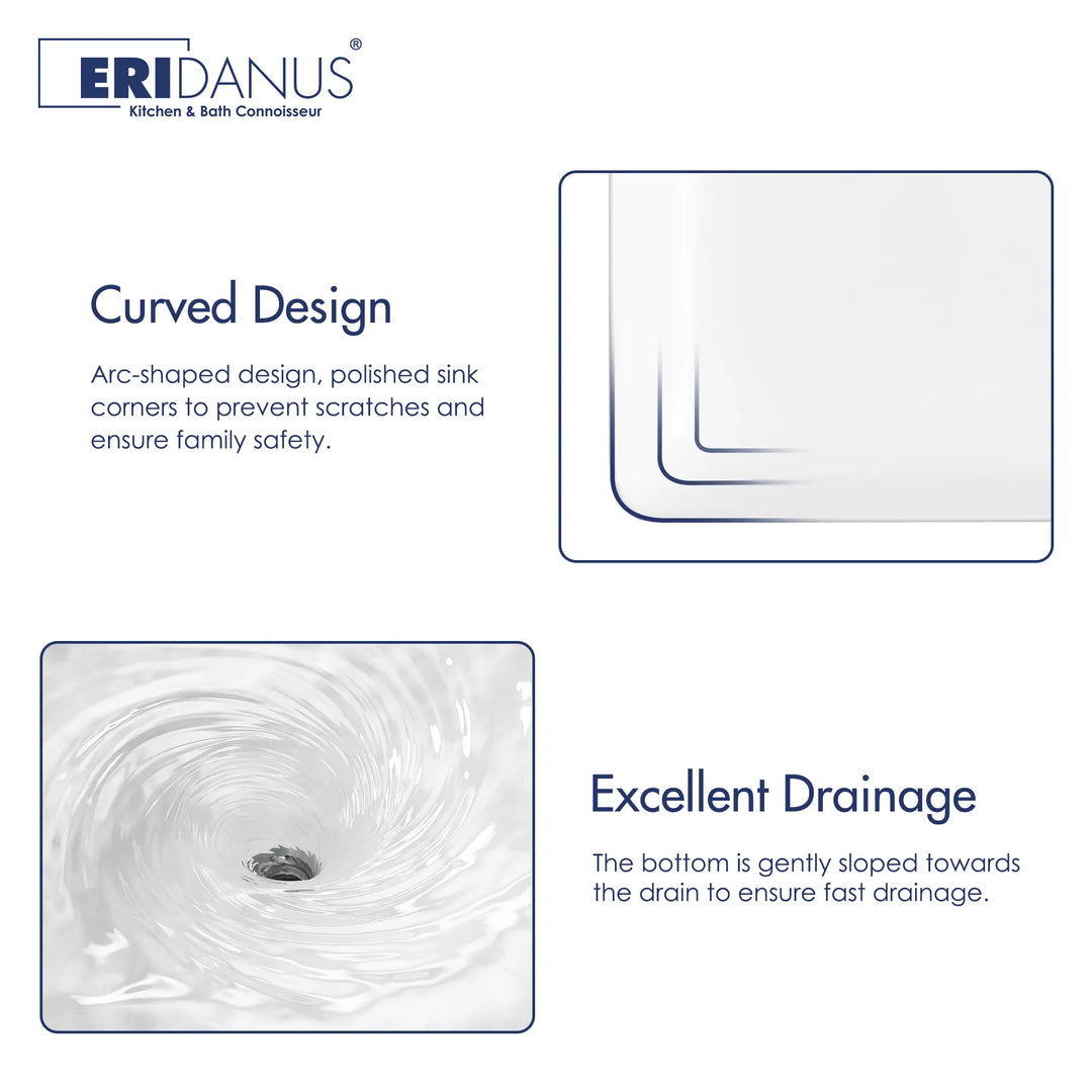 White ceramic sink with curved corners and sloped drainage