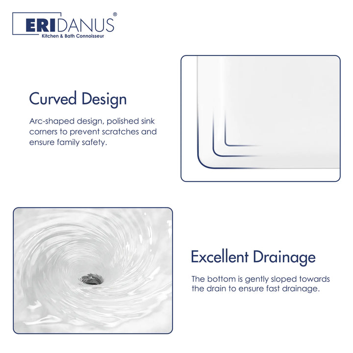 White ceramic sink with curved corners and sloped drainage