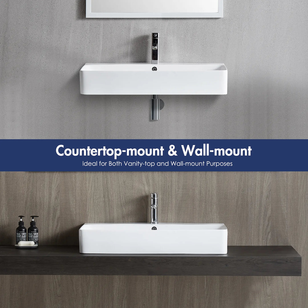 Wall-mount and countertop white rectangular ceramic sink