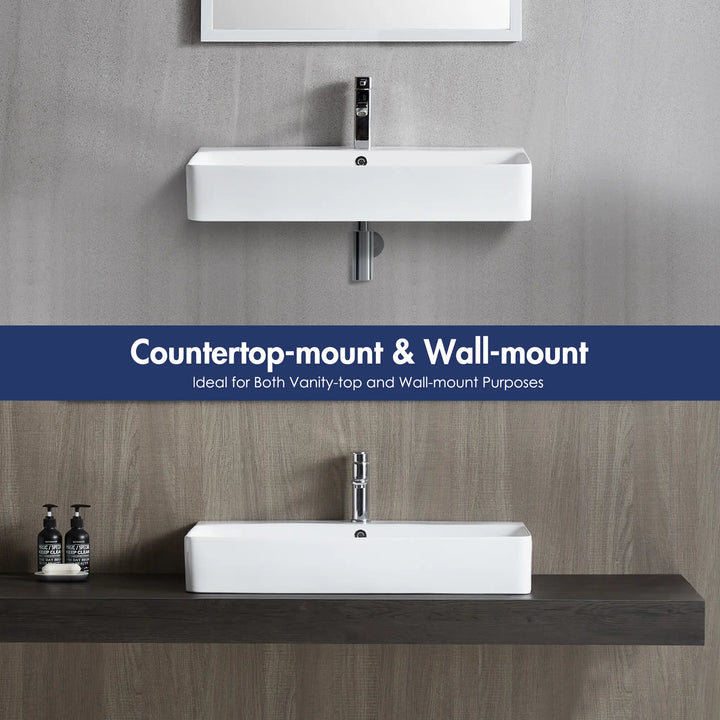Wall-mount and countertop white rectangular ceramic sink