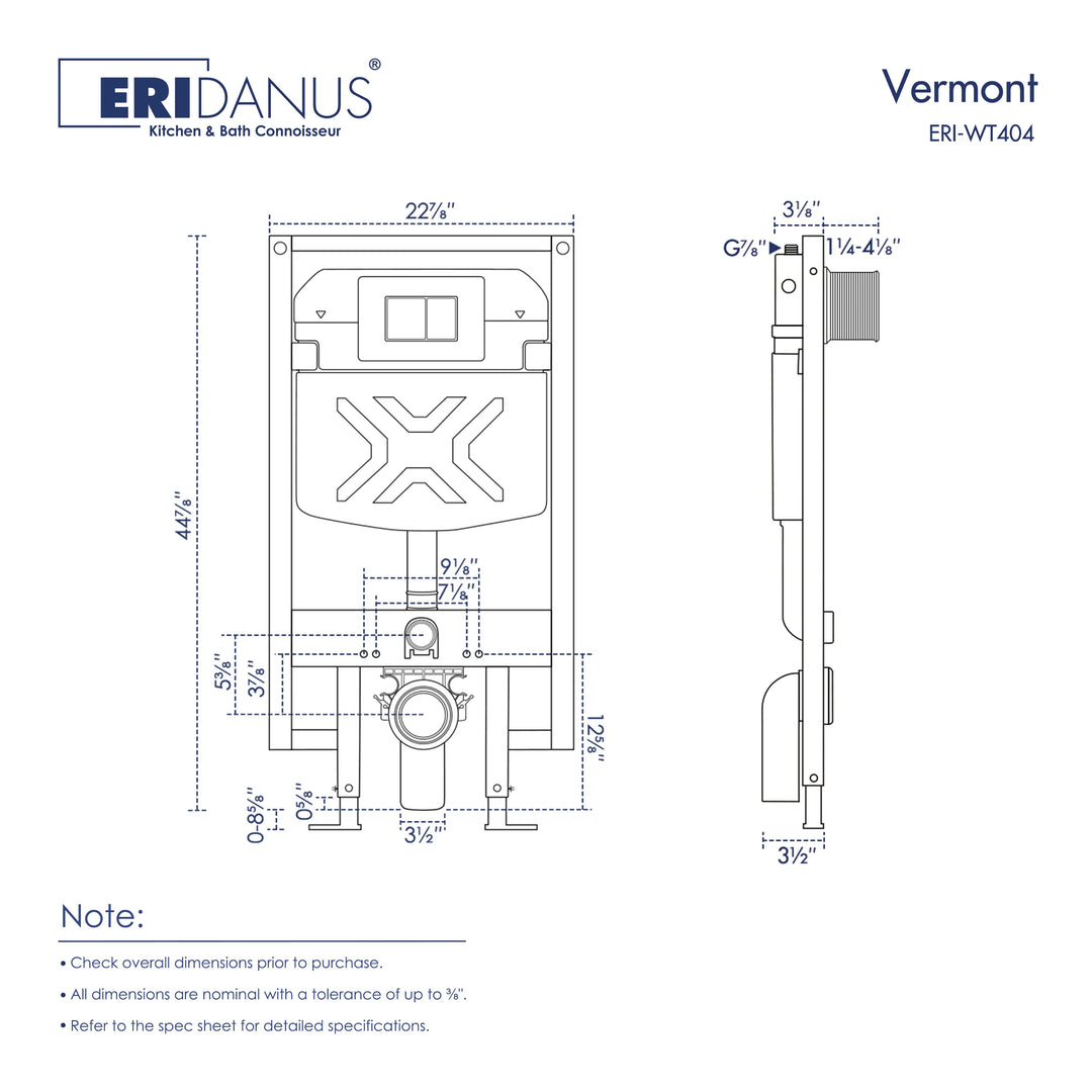 Eridanus Vermont ERI-WT404 in-wall toilet tank carrier dimensions.