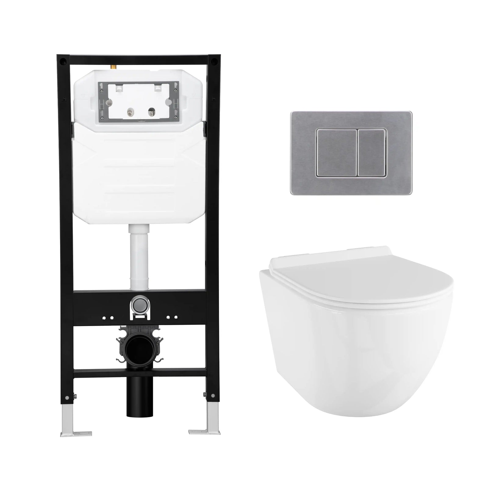 Wall-hung toilet set with concealed tank system and dual flush plate.#color_white_toilet-tank_2×6