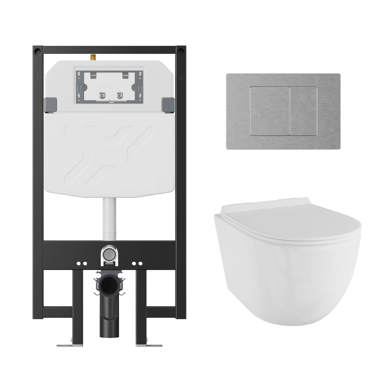 Wall-hung toilet set with concealed tank system and dual flush plate.#color_white