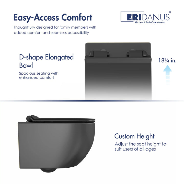 Hampton Wall-hung Elongated Toilet, 0.8/1.6 GPF Dual Flush, Multiple Colors