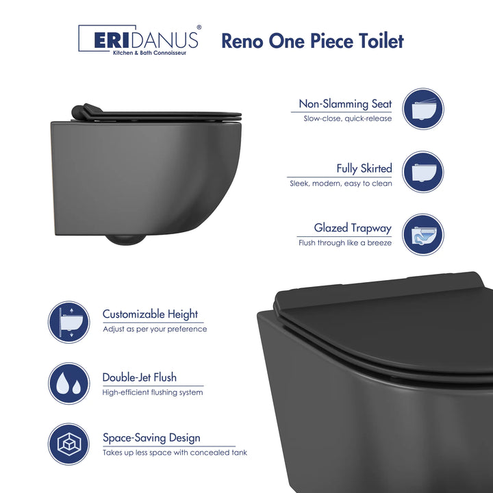 Hampton Wall-hung Elongated Toilet, 0.8/1.6 GPF Dual Flush, Multiple Colors