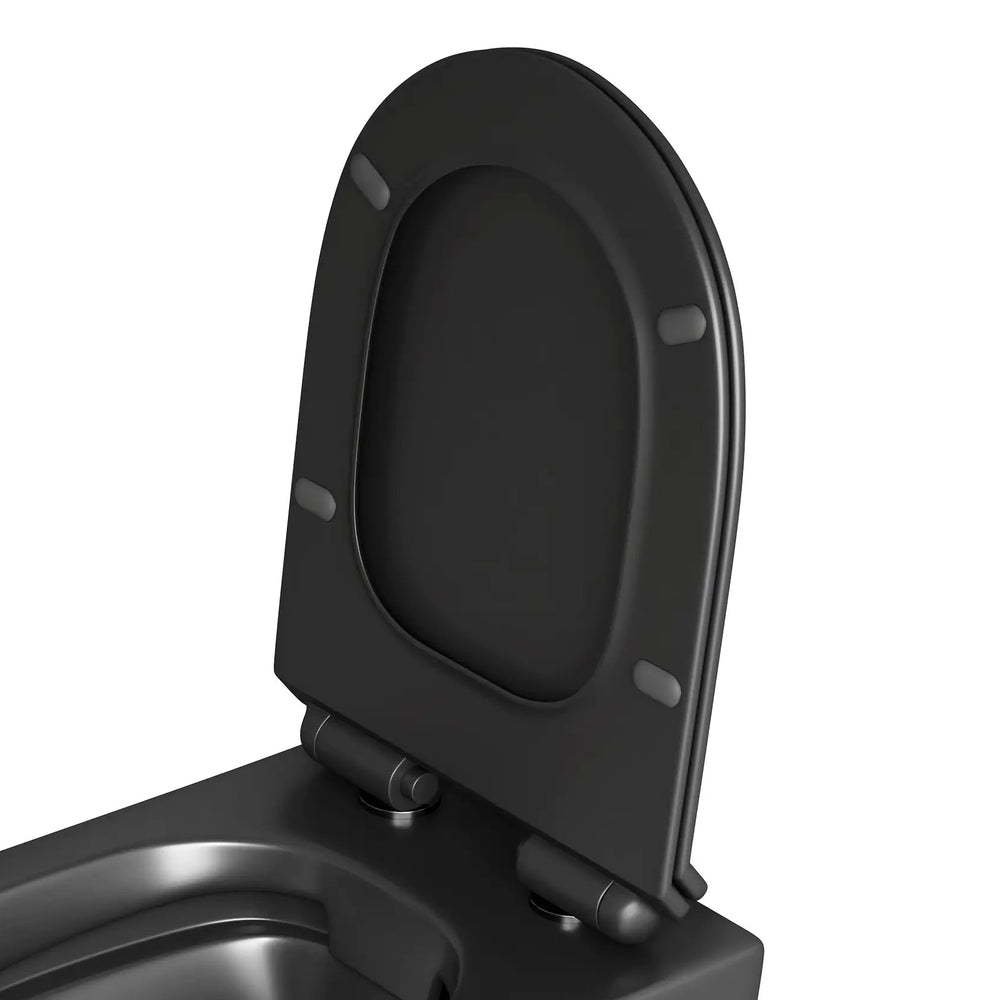 A black toilet seat featuring soft-close hinges and a slim, oval profile.