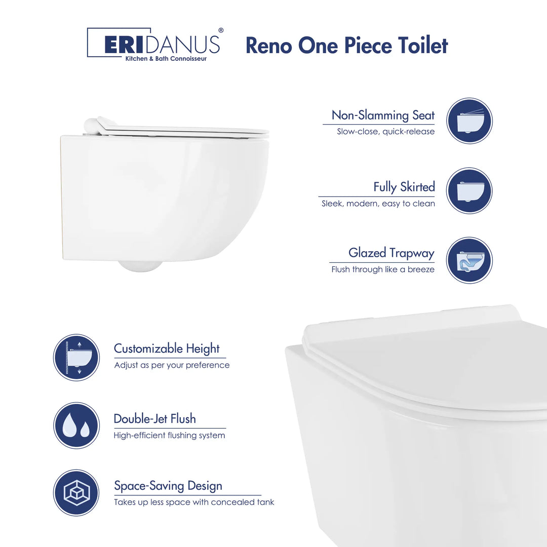 Hampton Wall-hung Elongated Toilet, 0.8/1.6 GPF Dual Flush, Multiple Colors