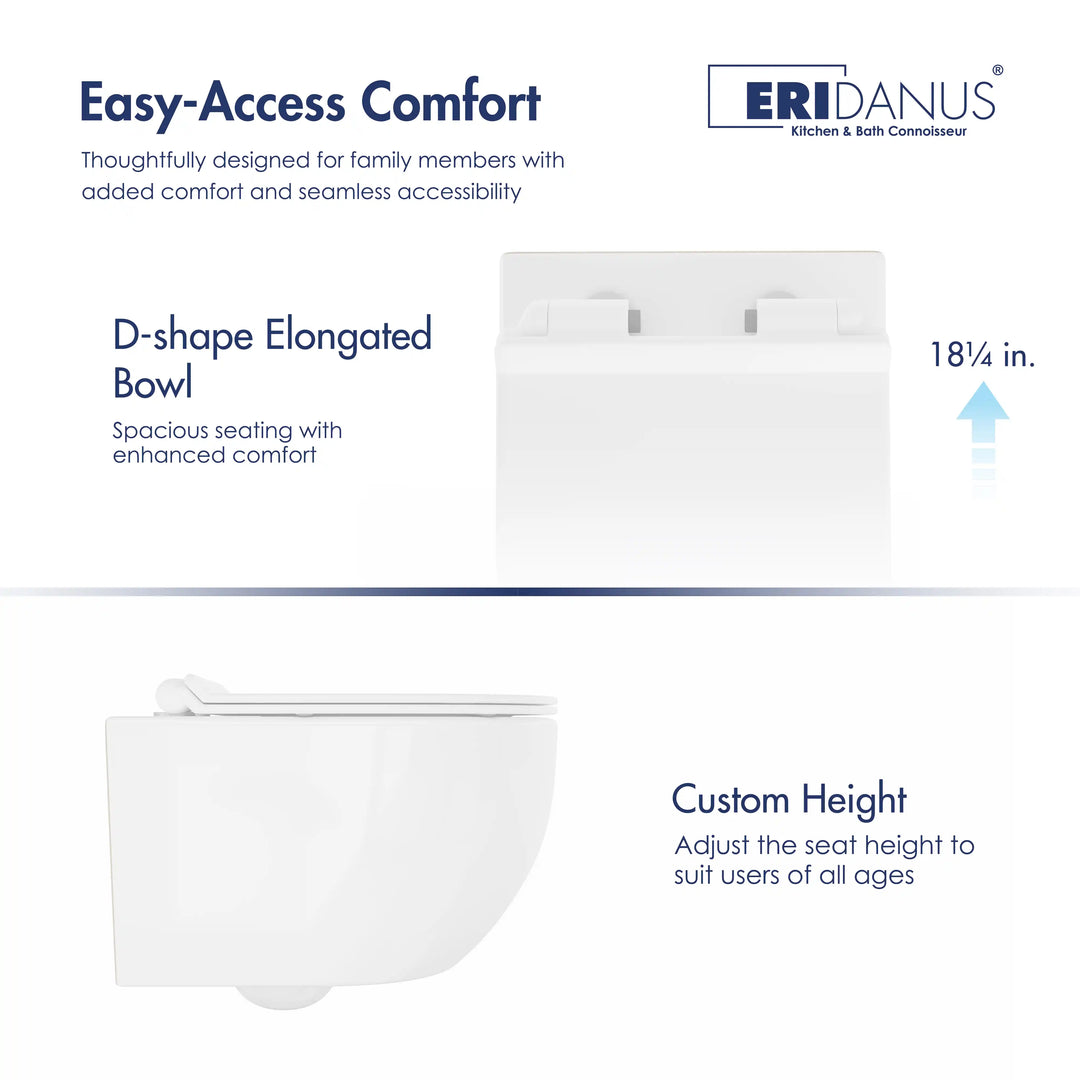 Hampton Wall-hung Elongated Toilet, 0.8/1.6 GPF Dual Flush, Multiple Colors