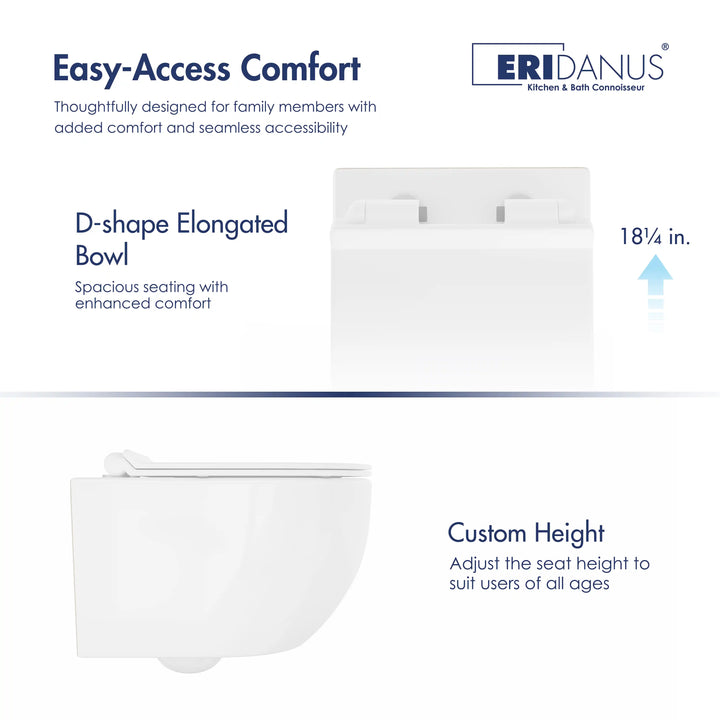Hampton Wall-hung Elongated Toilet, 0.8/1.6 GPF Dual Flush, Multiple Colors