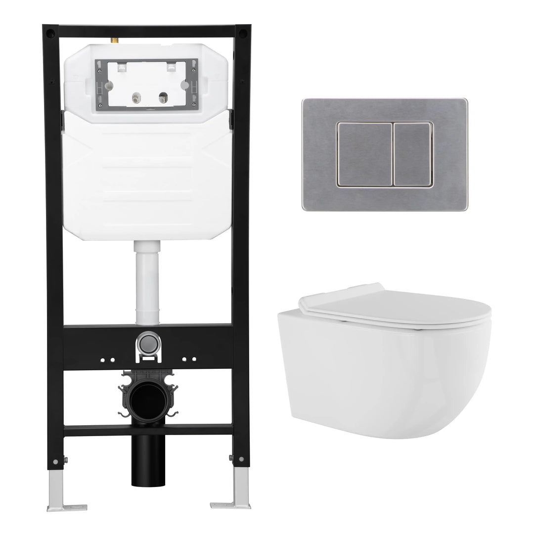 Capri White Wall-Hung Rimless Toilet System (In-Wall Tank, Dual Flush Plate)