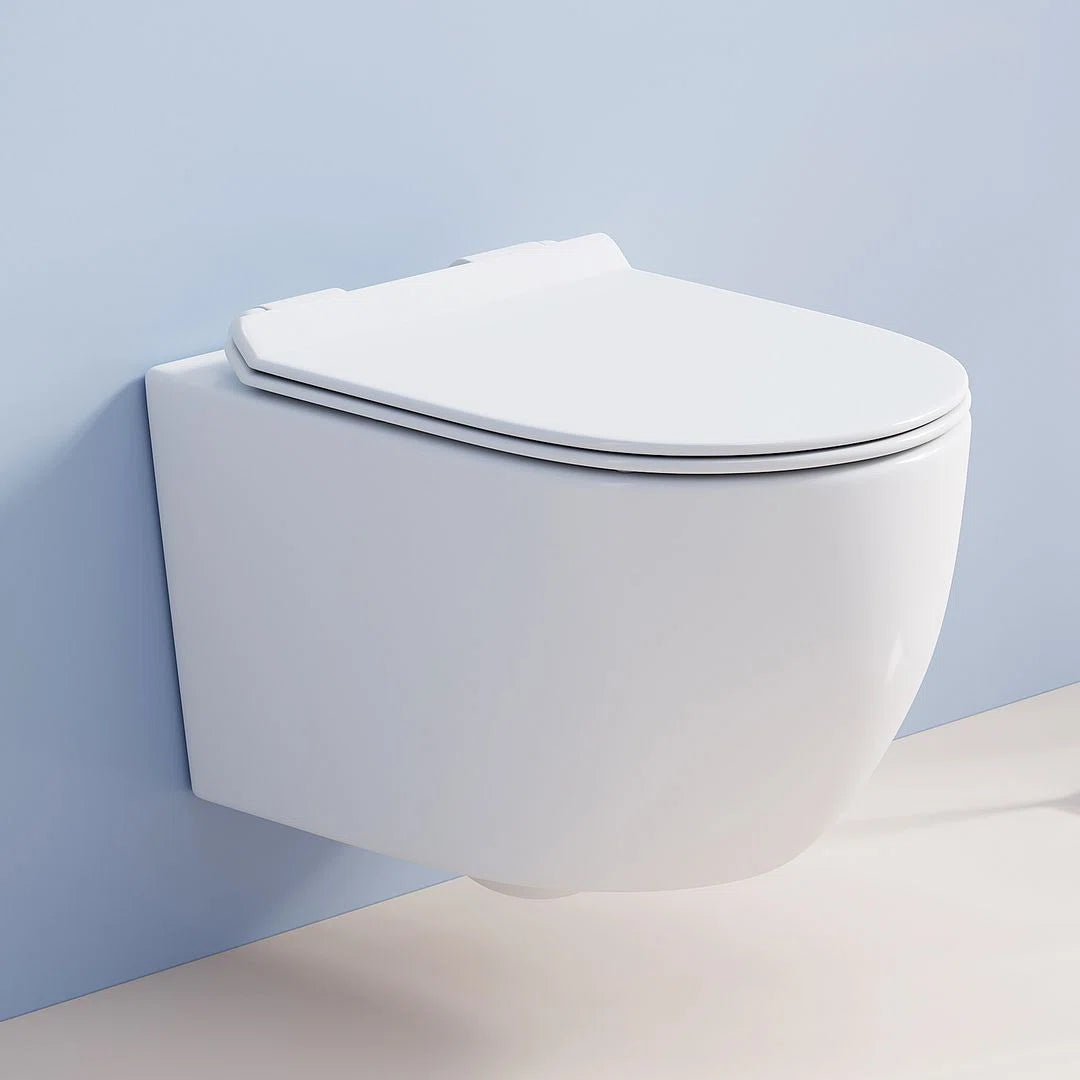 Modern white ceramic wall-hung toilet with soft-close seat.