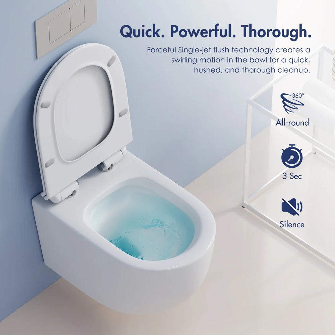 Capri Elongated Wall-Mount Rimless Toilet Bowl in White, Soft-Close Seat