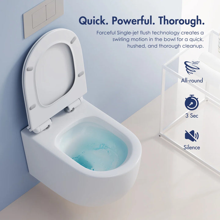 Capri Elongated Wall-Mount Rimless Toilet Bowl in White, Soft-Close Seat