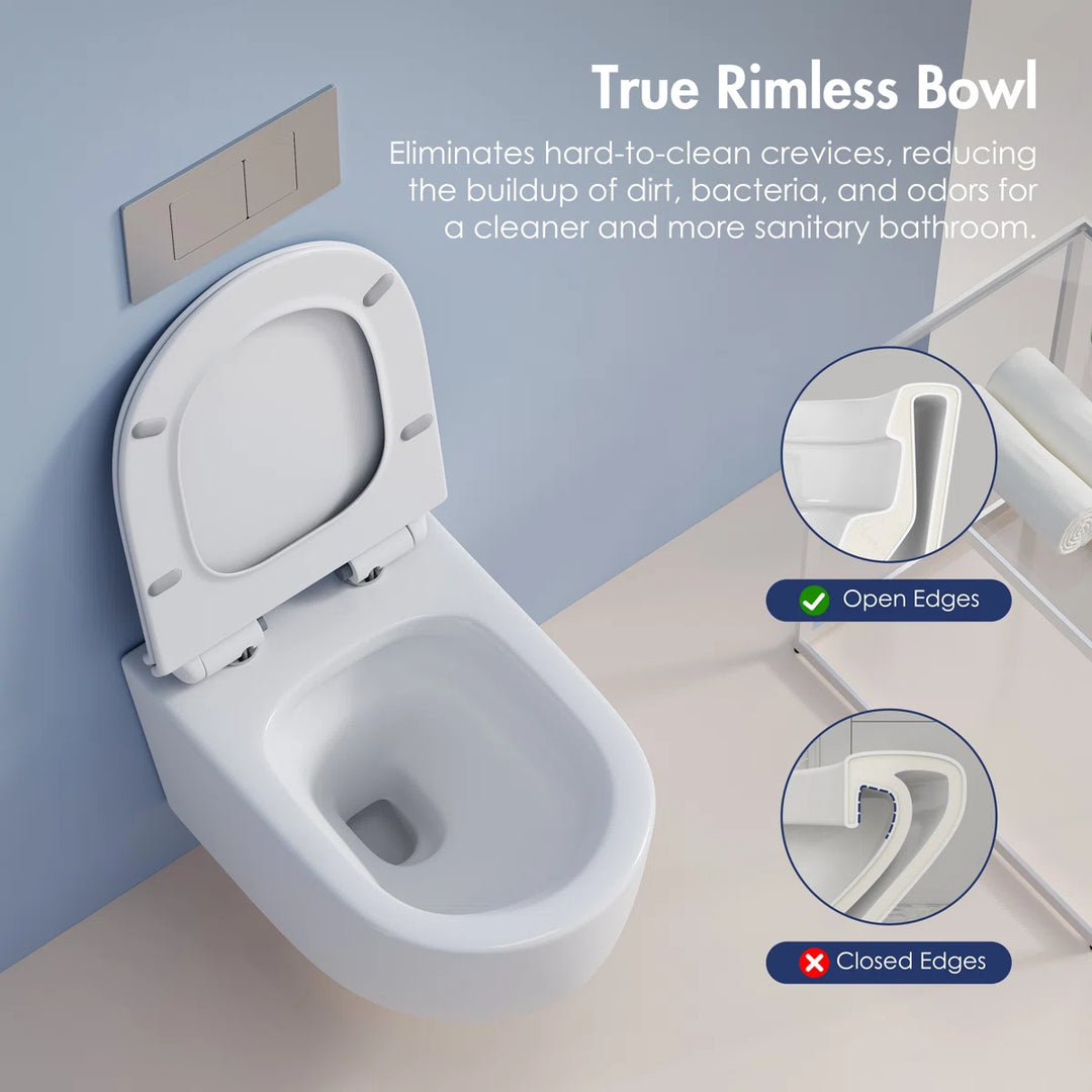Capri Elongated Wall-Mount Rimless Toilet Bowl in White, Soft-Close Seat