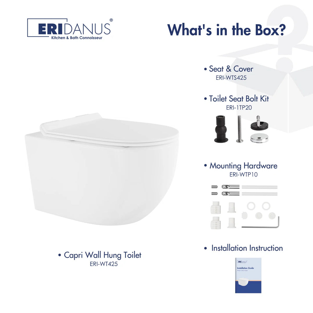 Capri Elongated Wall-Mount Rimless Toilet Bowl in White, Soft-Close Seat