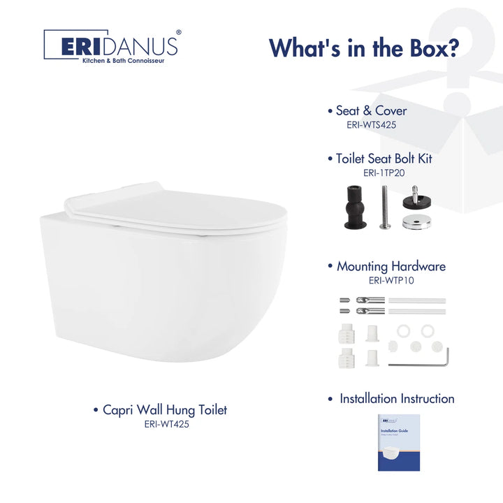 Capri Elongated Wall-Mount Rimless Toilet Bowl in White, Soft-Close Seat