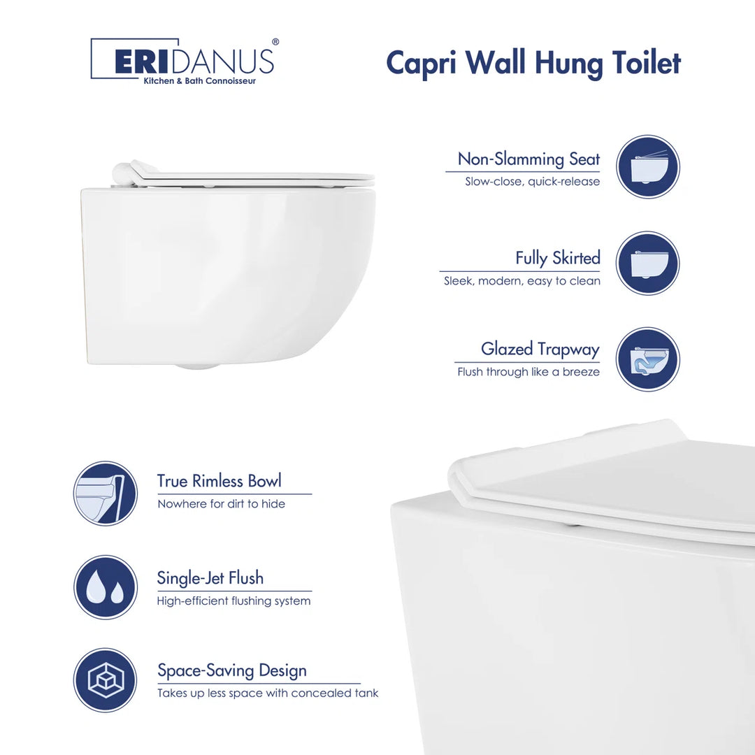 Capri Elongated Wall-Mount Rimless Toilet Bowl in White, Soft-Close Seat