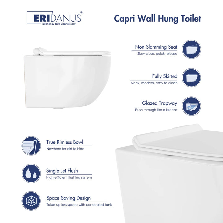 Capri Elongated Wall-Mount Rimless Toilet Bowl in White, Soft-Close Seat