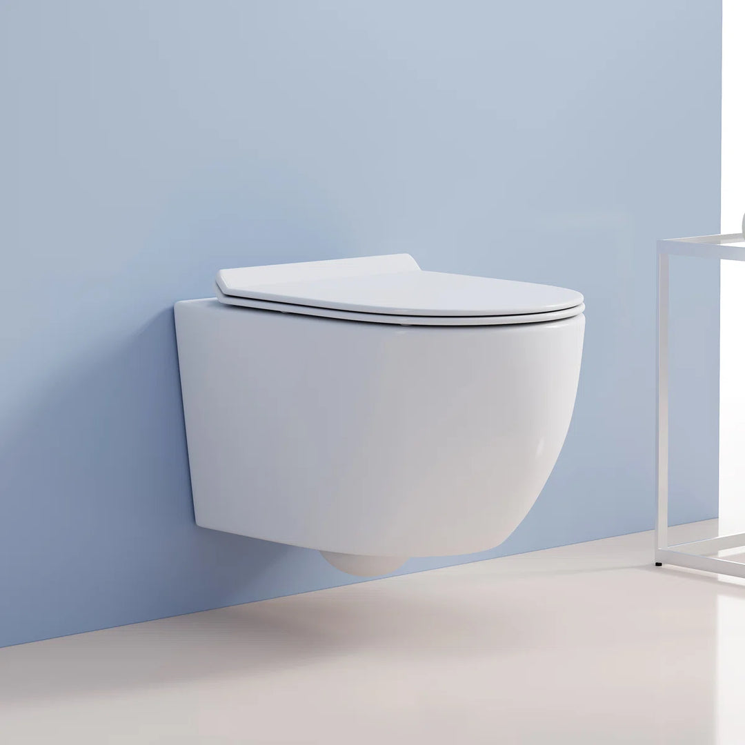 Capri Elongated Wall-Mount Rimless Toilet Bowl in White, Soft-Close Seat