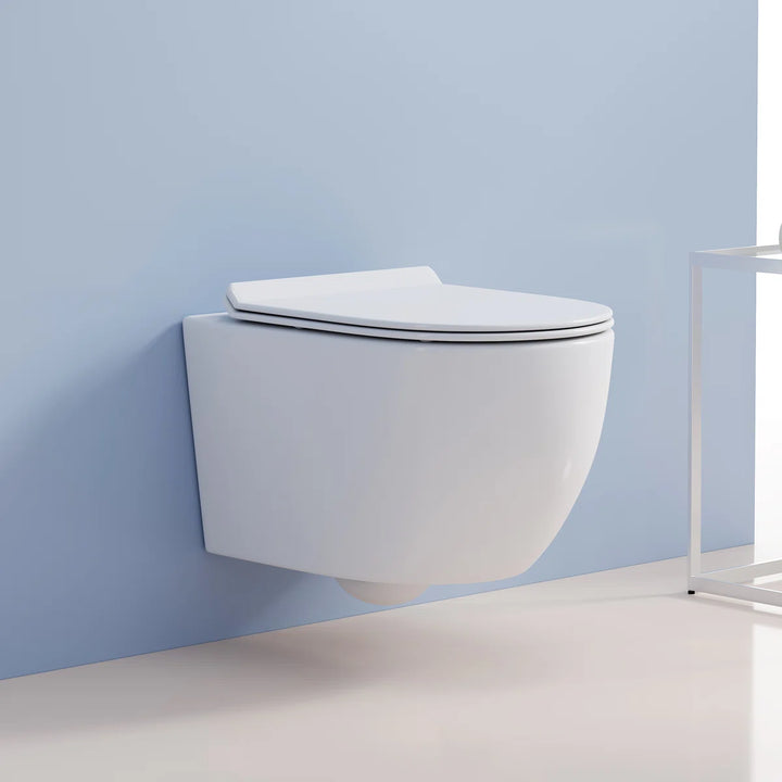 Capri Elongated Wall-Mount Rimless Toilet Bowl in White, Soft-Close Seat