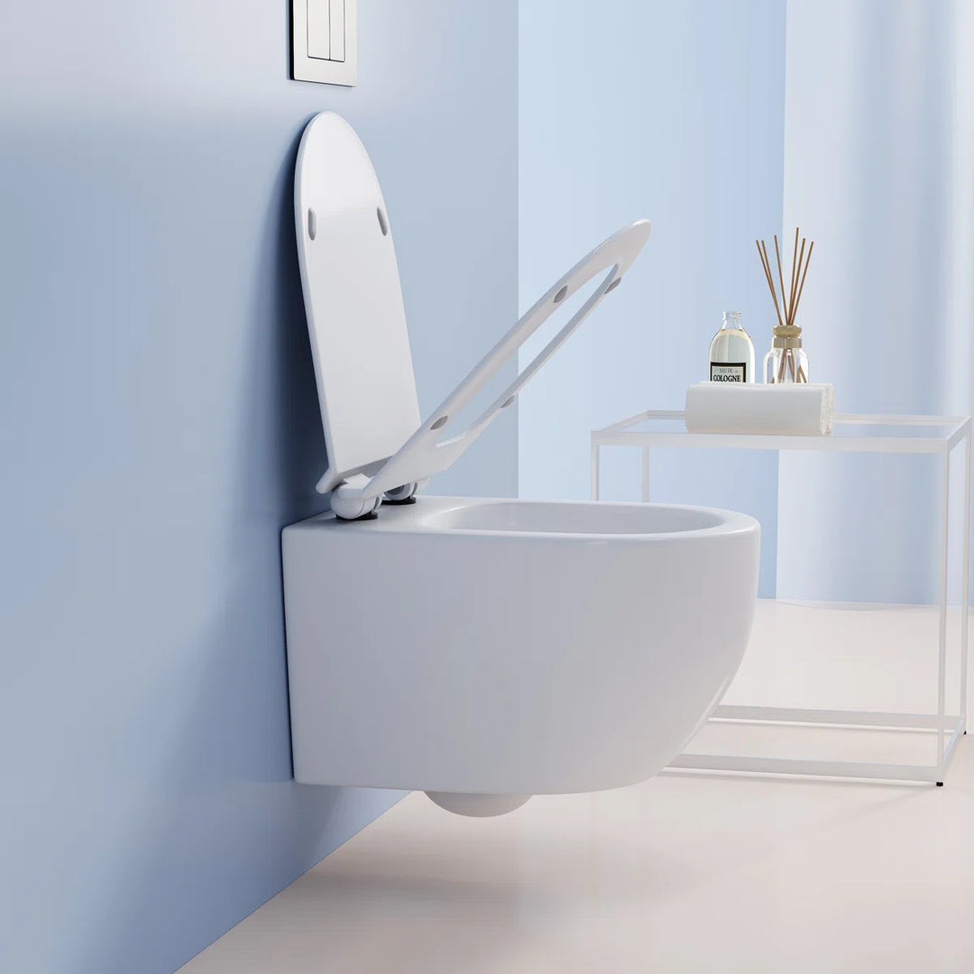Capri Elongated Wall-Mount Rimless Toilet Bowl in White, Soft-Close Seat