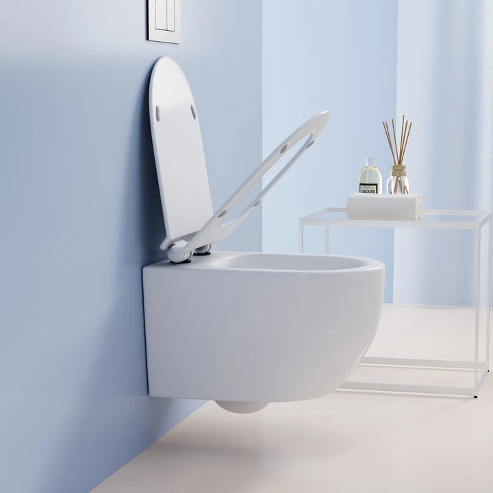 Capri Elongated Wall-Mount Rimless Toilet Bowl in White, Soft-Close Seat