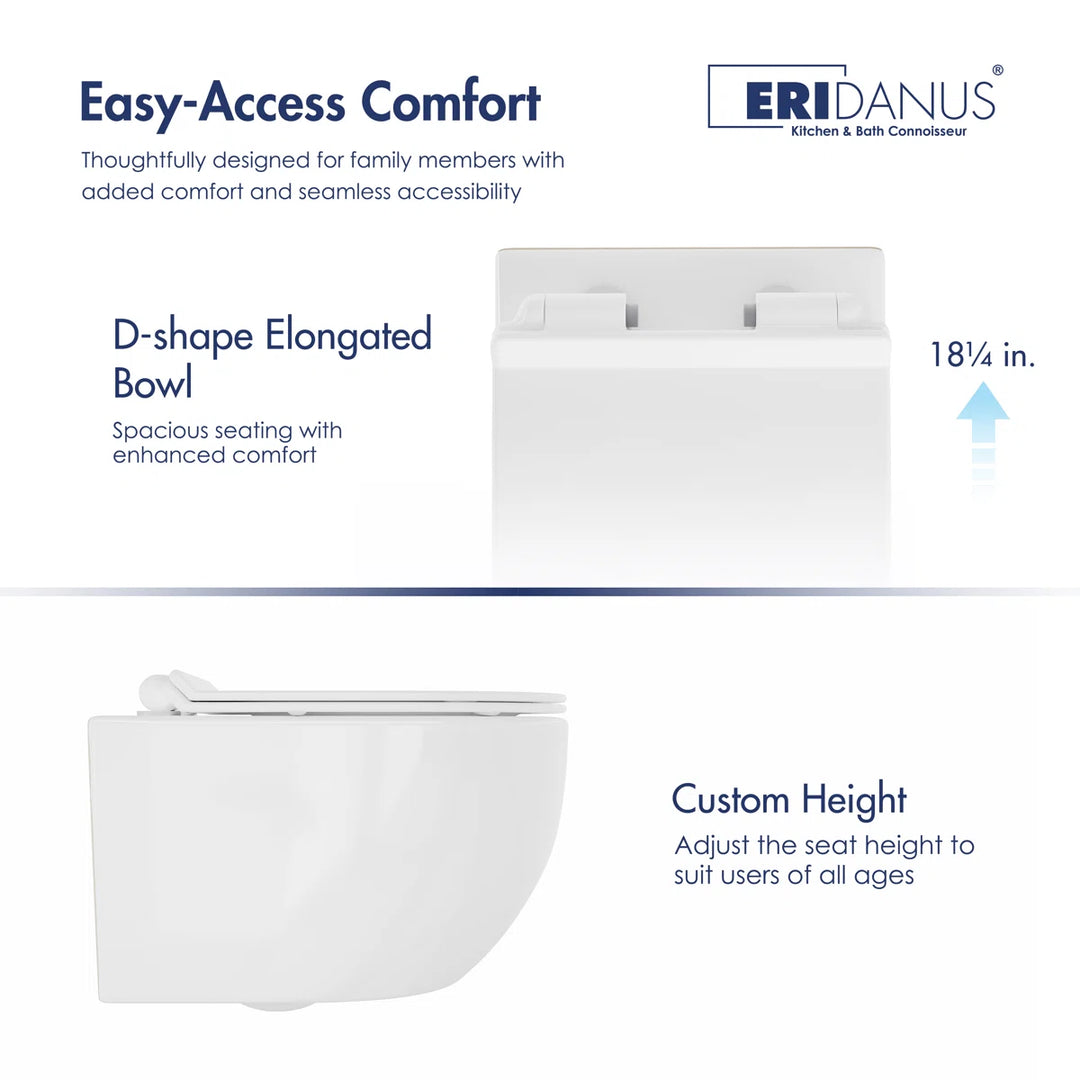 Capri Elongated Wall-Mount Rimless Toilet Bowl in White, Soft-Close Seat