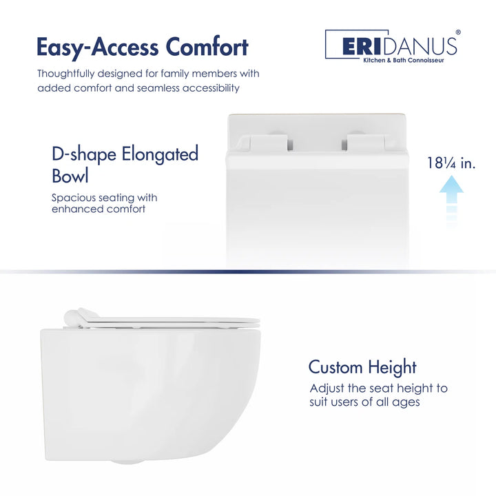 Capri Elongated Wall-Mount Rimless Toilet Bowl in White, Soft-Close Seat