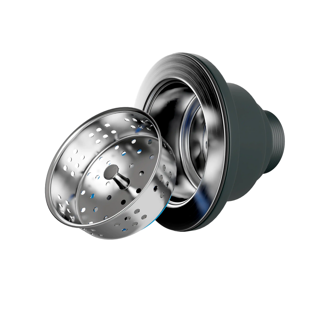 Stainless steel basket strainer with removable drain assembly.