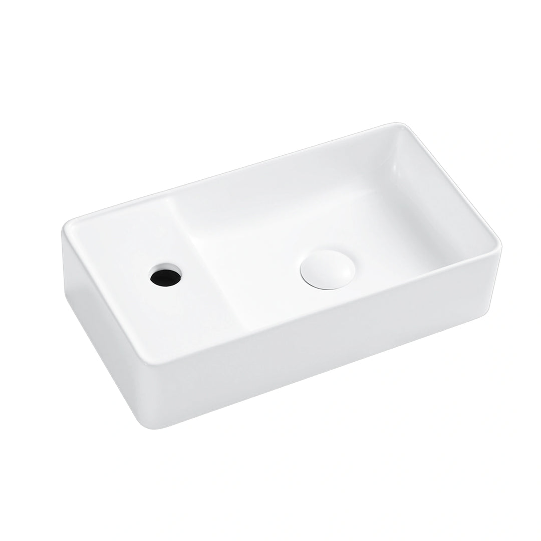 Eridanus white rectangular ceramic vessel sink with faucet hole.