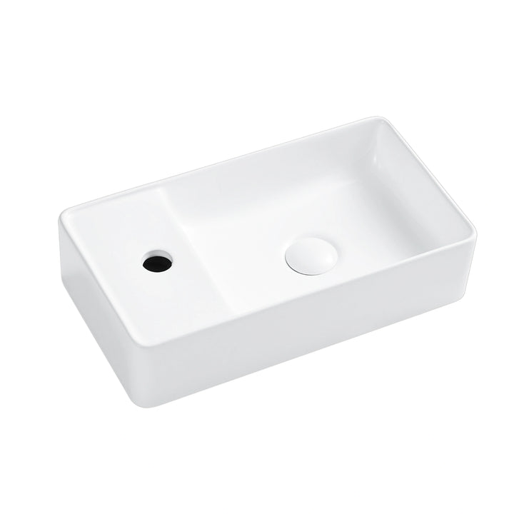 Eridanus white rectangular ceramic vessel sink with faucet hole.