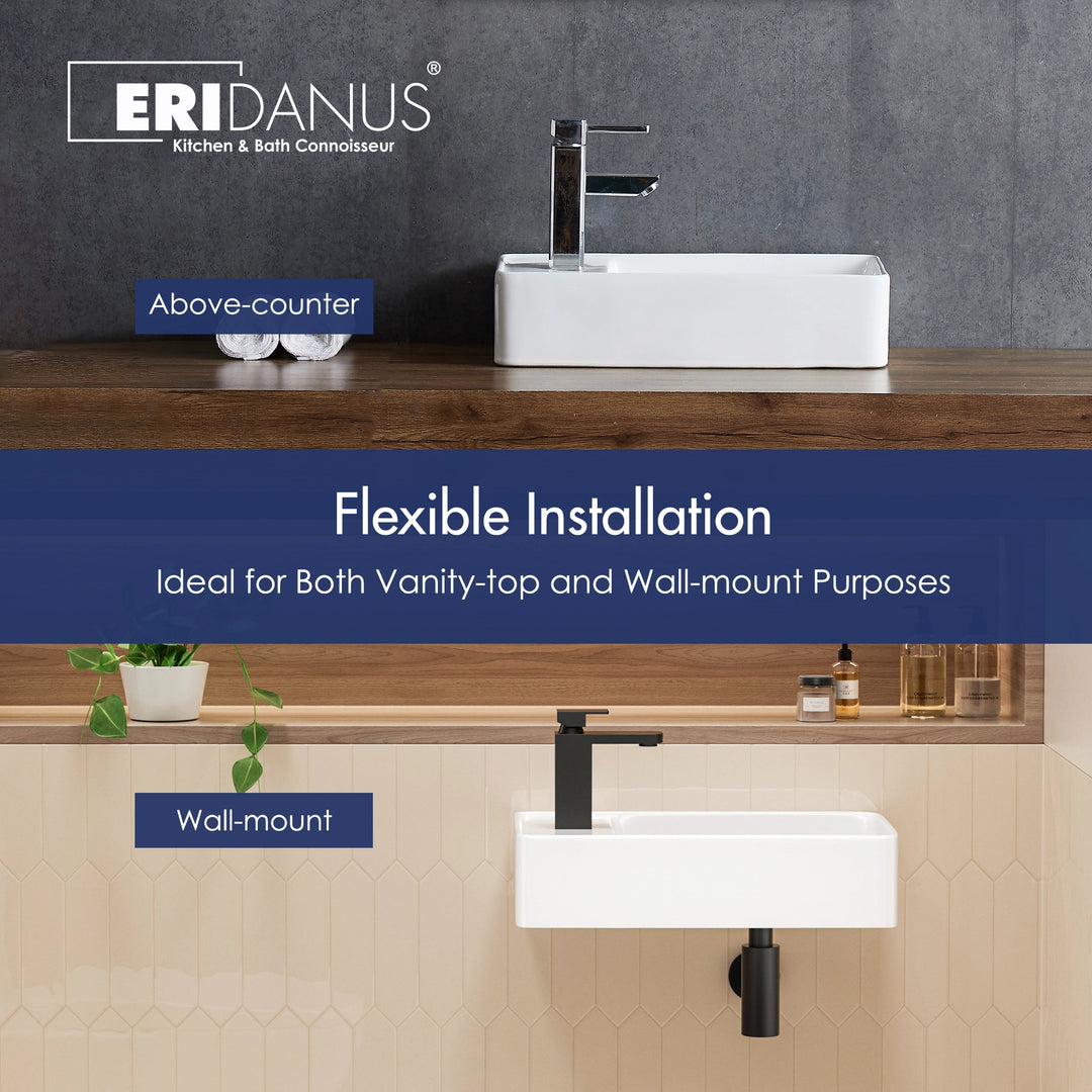 Eridanus white rectangular ceramic sink for wall-mount or vessel install.