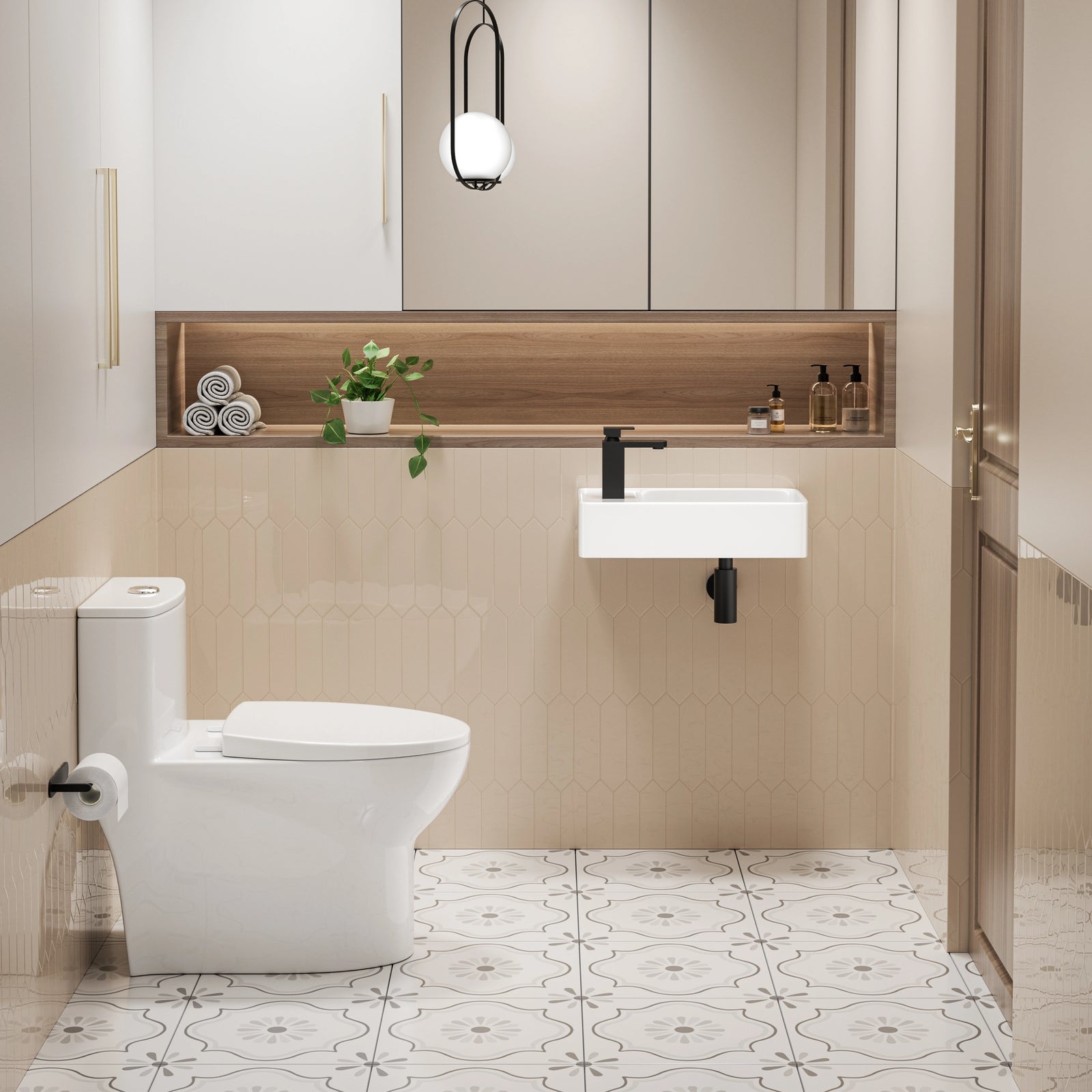White wall-mounted rectangular ceramic sink with matte black faucet.
