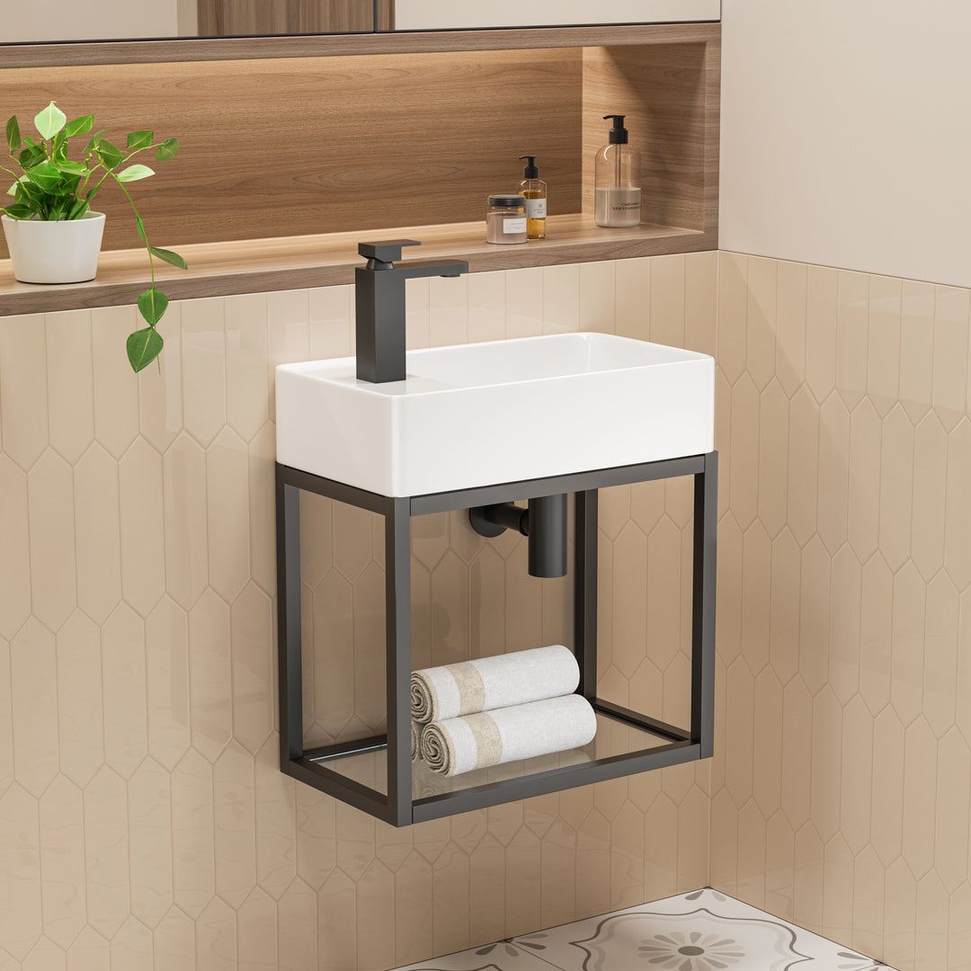 White rectangular wall-hung sink with black metal frame and shelf.