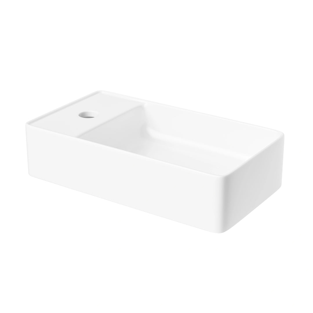 Eridanus white rectangular ceramic vessel sink with faucet hole.