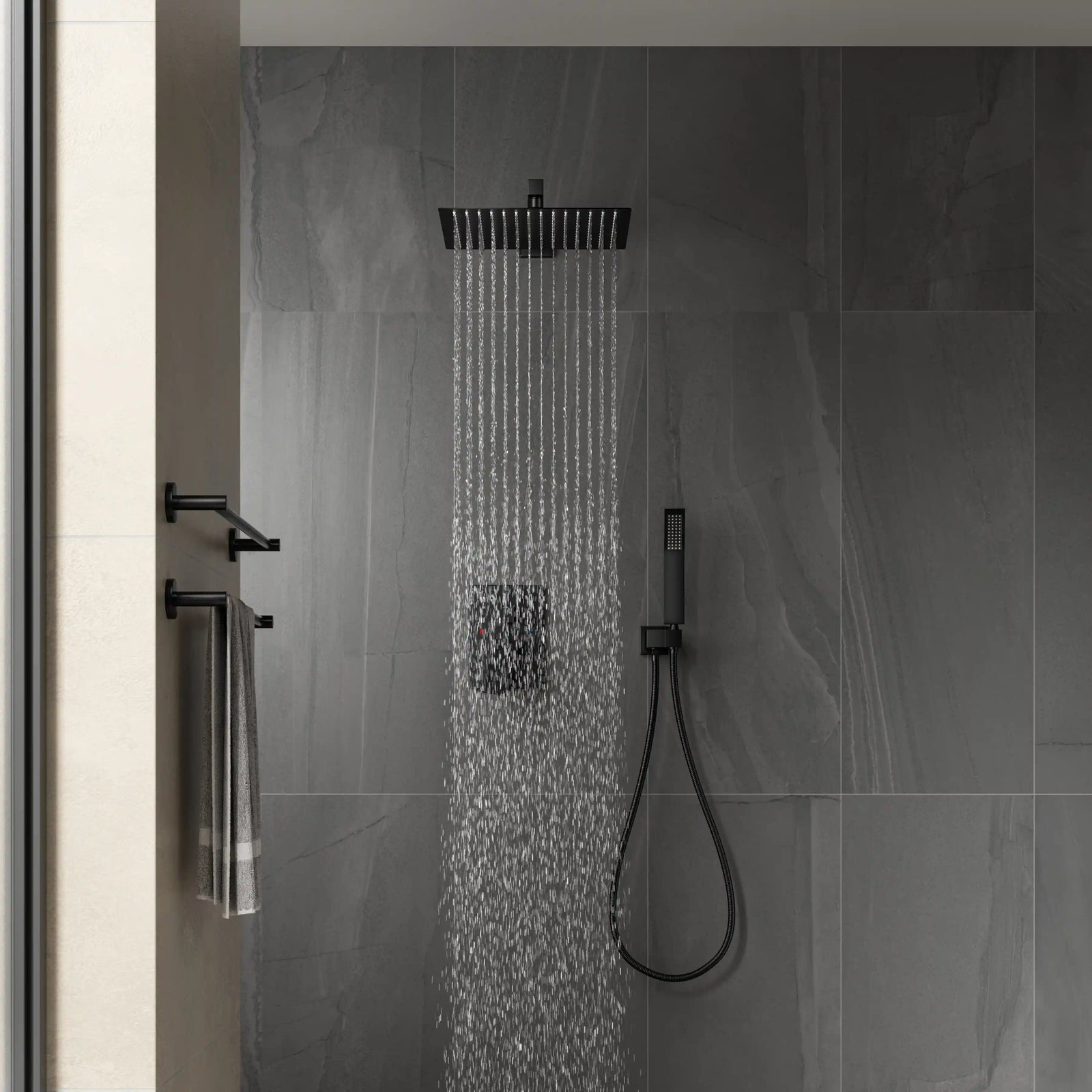 Black matte wall-mounted showerhead with handheld shower and control