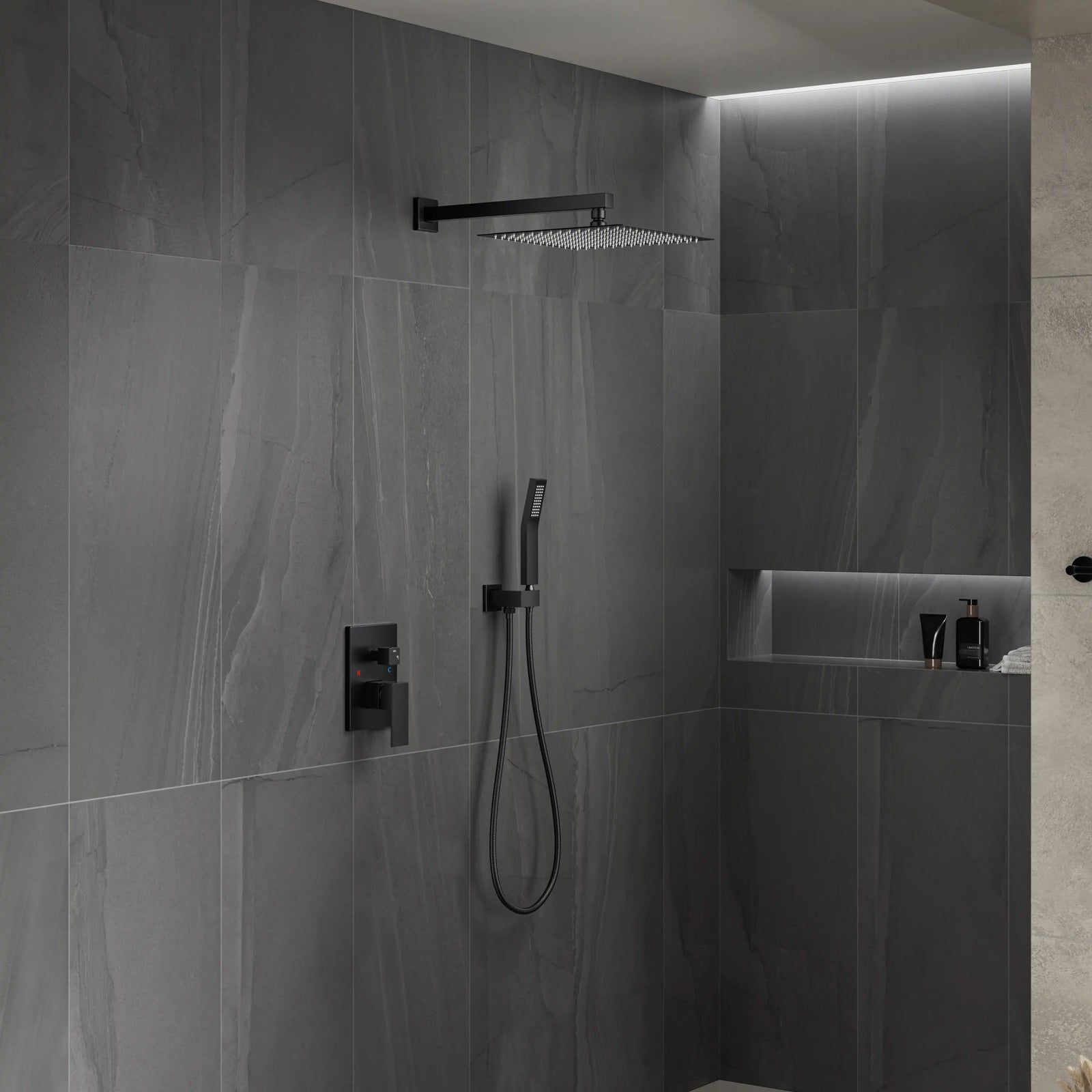 Black matte wall-mounted showerhead with handheld shower and control