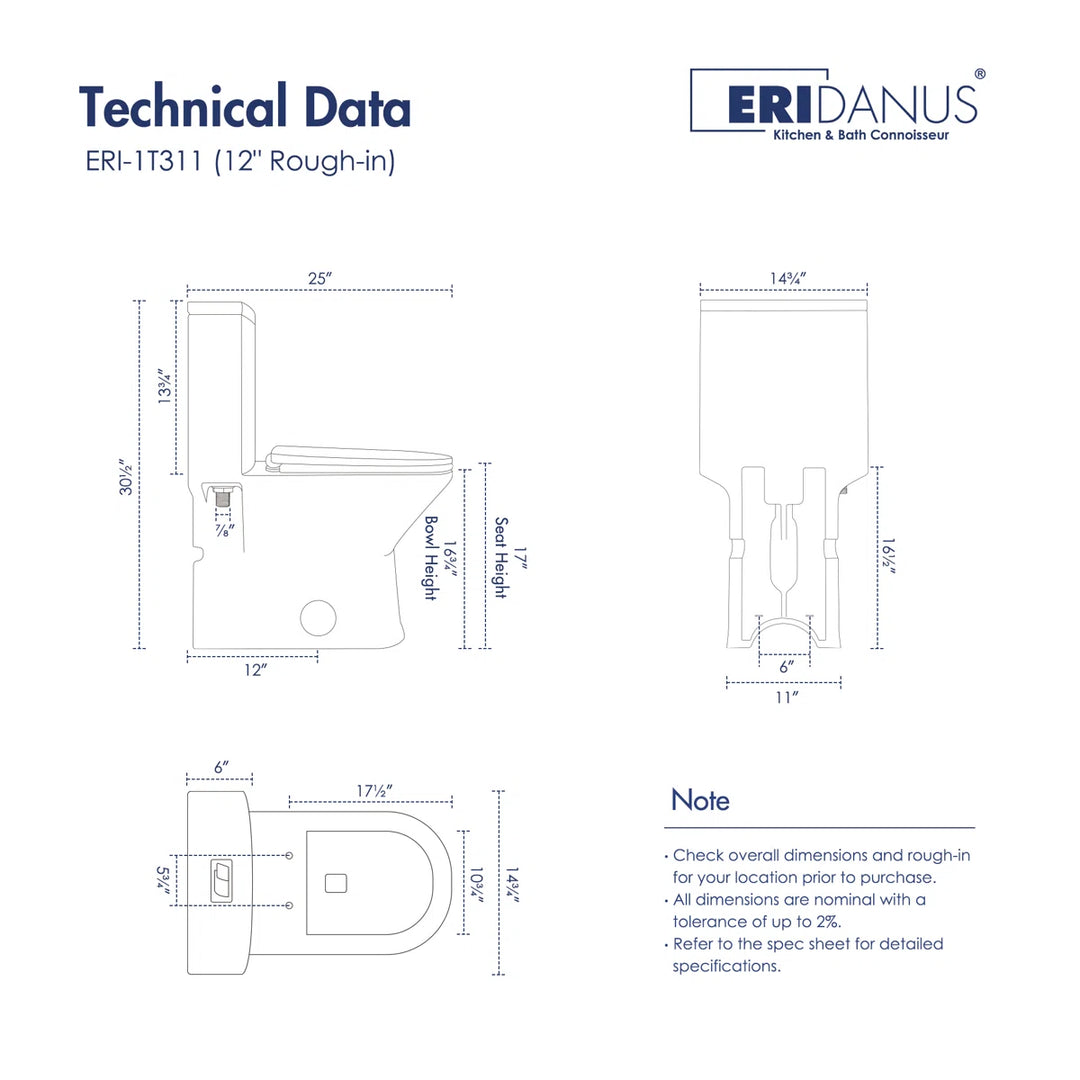 Eridanus ERI-1T311 12-inch rough-in toilet technical data and dimensions.