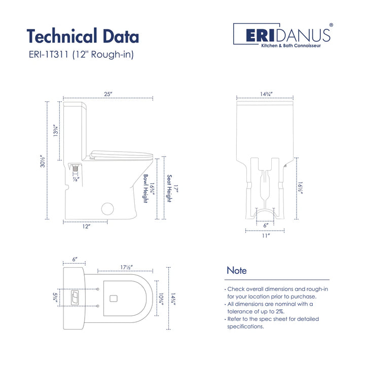Eridanus ERI-1T311 12-inch rough-in toilet technical data and dimensions.
