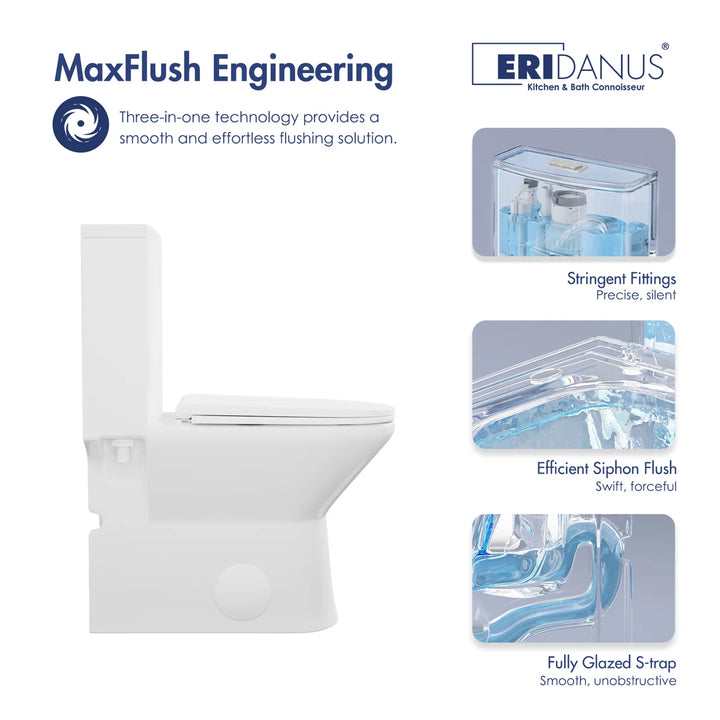 White Eridanus toilet featuring MaxFlush siphon and glazed S-trap.